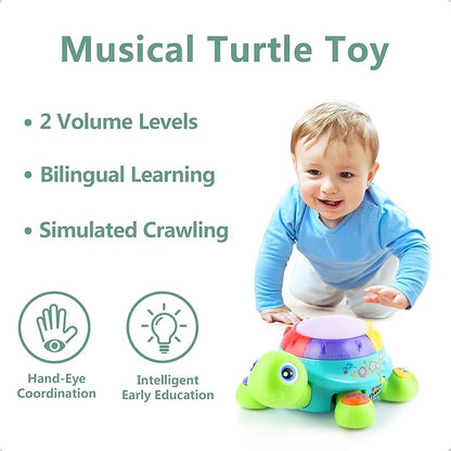 iPlay, iLearn Baby Musical Turtle Toy, Spanish English Bilingual Learning, Toddler Crawling Toys W/ Light & Sound, Infant Development Educational Birthday Gifts 6 7 8 9 10 12 Month 1 Year Old Boy Girl