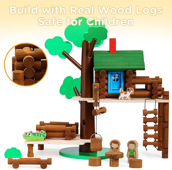SainSmart Jr. 2-Tier Wooden Tree House Building Set – Educational Gift for Kids, Creative STEM Toy with Cabins and Interchangeable Leaves, STEM Retro Classic Toy Compatible with Lincoln Logs