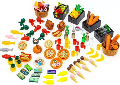 180pcs City-Friends Brick-Food-Pieces -Fruit-Apple-Banana-Pineapple-Cherry Desserts-Ice Cream-Cake-Sweet Cone Picnic--Pizza-Hotdogs-Turkey-Fish-Beer-Money Toys for Extra Bricks