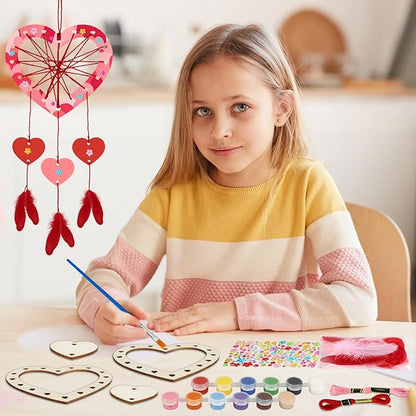 Fennoral 18 Pack Heart Dream Catcher Craft Kit for Kids Paint You Own Love Heart Dream Catcher DIY Coloring Mother's Day Wooden Art and Craft for Art Activity Project Valentine's Day Decoration