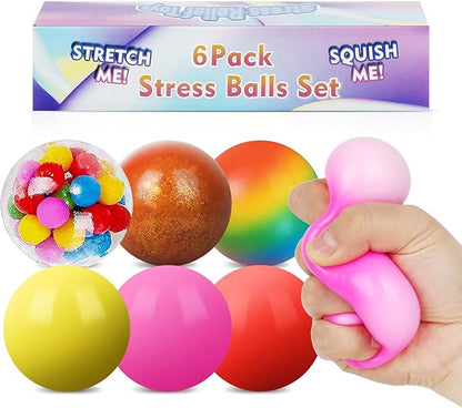 6 Pack Stress Balls, Large 2.36” Squishy Sensory Fidget Toys for Adults, Squishies Squeeze Balls for Anxiety Relief, Calming, Focus & Stress Venting, Easter Basket & Goodie Bag Stuffers