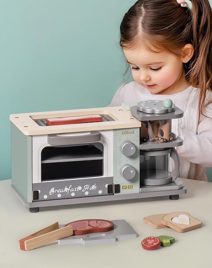 ROBUD Toddler Kitchen Playset - Wooden Breakfast Set with Coffee Maker, Toaster, Griddle, Play Food - Realistic Pretend Play Appliance and Accessories for Kids Ages 3+ Boys and Girls (Mint Green)