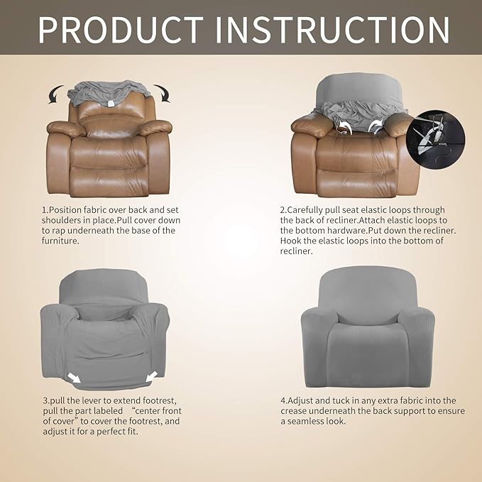 Easy-Going Oversized Recliner Stretch Sofa Slipcover Sofa Cover 1 Piece Furniture Protector Couch Soft with Elastic Bottom Kids,Polyester Spandex Jacquard Small Checks(Oversize Recliner,Light Gray)