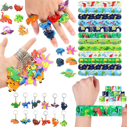 MOVINPE Dinosaur Party Favors Personalize Goody Cups with Gift Tags, Filled with Dinosaur Themed Reusable Straws Stampers Luminous Dinos Figure Slap Bracelets Keychains Rings 3D Stickers for Kids