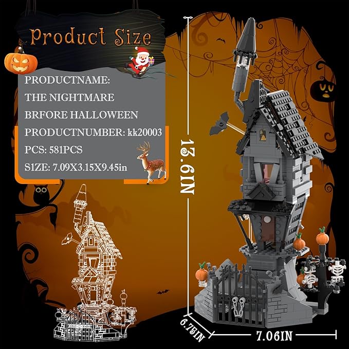 BrickTribe Haunted House Building Toys with Light, Night Before Halloween Haunted Mansion Building Set for Movie Fans and Kids, Compatible with Lego, 581 PCS