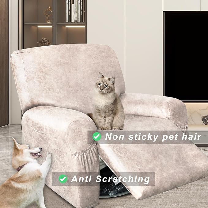 Like Leather Recliner Chair Covers, 4 Pieces Lazy Boy Recliner Cover That Stay in Place, Soft Stretch Leather Grain Covers for Recliner Covers for Large Recliner Slipcover (Beige 4)