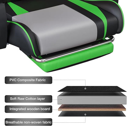 HOFFREE Massage Gaming Chair for Kids Computer Gamer Chair with Footrest and Lumbar Support Reclining PC Game Chair with Headrest for Gaming Room Green and Black