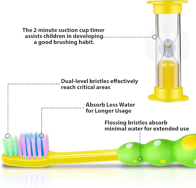 Kids Toothbrush, Toddler Toothbrush with Suction Timer, Children Sized Brush Heads (3-10 Year Old), Suction Cup for Fun & Easy Storage, Flossing Bristles, Pack of 4