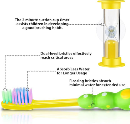 Kids Toothbrush, Toddler Toothbrush with Suction Timer, Children Sized Brush Heads (3-10 Year Old), Suction Cup for Fun & Easy Storage, Flossing Bristles, Pack of 4