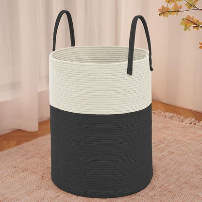JMvicyroam Large Woven Laundry Basket Hamper,60L Cotton Rope Storage Bin for Blankets,Toys and Clothes,Decorative Tall Nursery Hamper for Living Room,Baby Nursery,Bathroom and Bedroom,White and Black