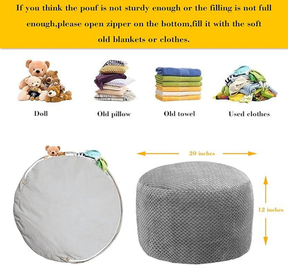 Asuprui Pouf Ottoman Stuffed Pouf Ottoman Foot Rest Soft Foot Stool 20x20x12 Inches Fuzzy Chair Floor Pouf Chair Foot Rest with Storage for Living Room Bedroom Gray Pouf with Filler