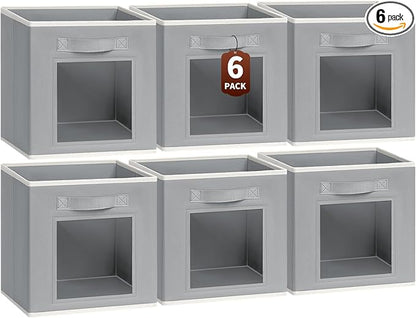 Homsorout Storage Cube 11 Inch - Cube Storage Bins with Window, Closet Storage Baskets with Handle, Fabric Bins for Closet, Shelves, Toys, Clothes, Set of 6, Grey
