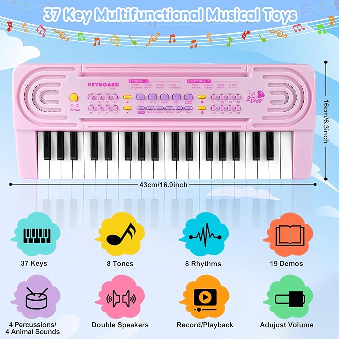 Kids Toddler Toy Piano Keyboard - 37 Key Pianos for Kid Music Toys Instruments with Microphone | Explore Creativity, Perfect Birthday for 3-8 Year Old (Pink)