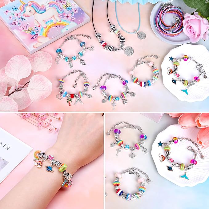 Thrilez DIY Bracelet Making Kit for Girls, 97Pcs Charm Bracelets Kit with Beads, Pendant Charms, Bracelets and Necklace String for Bracelets Craft & Necklace Making, Gift Idea for Kids and Girls