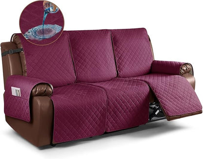 KinCam Recliner Sofa Covers for 3 Seat, 100% Waterproof Reclining Couch Covers, Non-Slip Recliner Couch Cover Furniture Protector with Elastic Straps for Pets, Kids, Burgundy