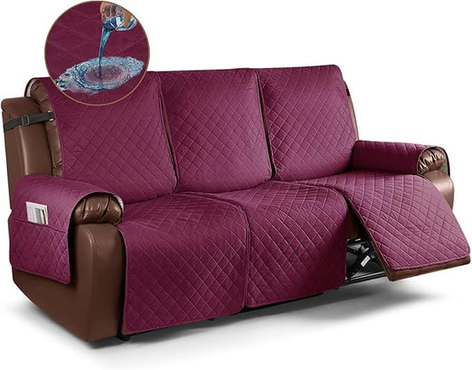 KinCam Recliner Sofa Covers for 3 Seat, 100% Waterproof Reclining Couch Covers, Non-Slip Recliner Couch Cover Furniture Protector with Elastic Straps for Pets, Kids, Burgundy