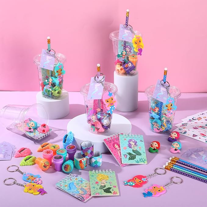 Colarr 161 Pcs Mermaid Party Favor Mermaid School Stationery Set Includes Gift Cup Notebook Pencil Sharpener Eraser Keychain Stamp Slap Bracelet Sticker Card for Mermaid Birthday Supplies