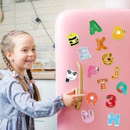 41 Pieces Wooden Thick Alphabet Magnets for Toddlers Fridge, Large Cute Animal Colorful ABC 26 Uppercase Letters, 10 Numbers Magnetic Alphabet Educational Toy Set for Kids Preschool Learning Spelling