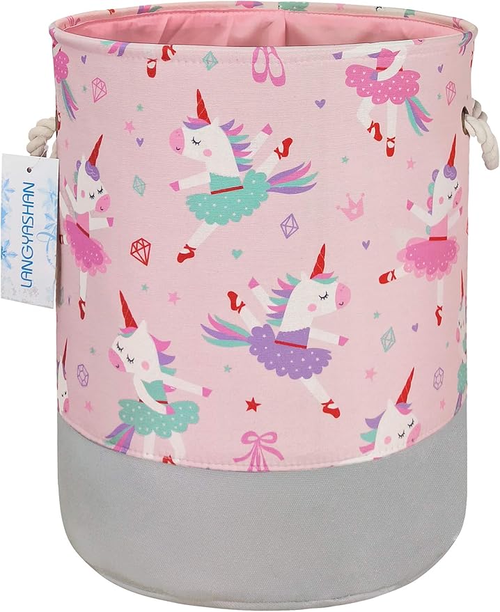 LANGYASHAN Laundry Basket Canvas Collapsible Organizer Storage Basket for Boys Girls Hamper Toy Bins Gift Bedroom Clothes Children Nursery (Pink Dancing Unicorn)