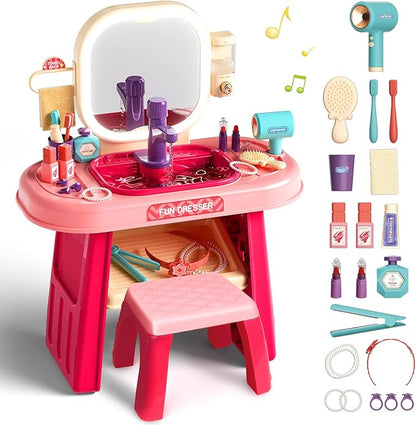 Pretend Play Girls Makeup Table Set with Stool,Kids Vanity Set with LED Lighted Mirror and Music，Toddler Beauty Salon Set with Makeup Accessories & Washbasin,Girls Vanity for Toddlers 3-5 Years Old