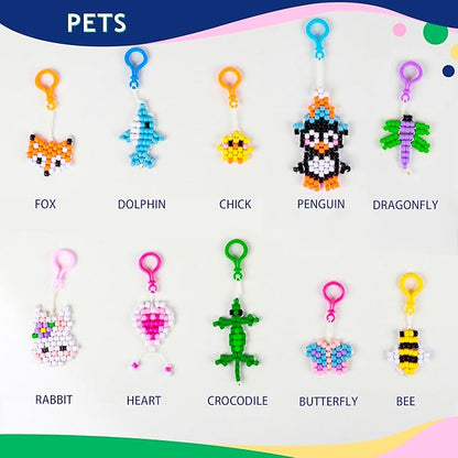 LORHAKI Bead Pets Kit, Art Craft Gift for Kids, Bead Animals Keychain Kit, Bead Art Craft Set for Beginners with Instructions, Pony Beads for Keychain Making Kit, DIY Jewelry Making Kit for Girls