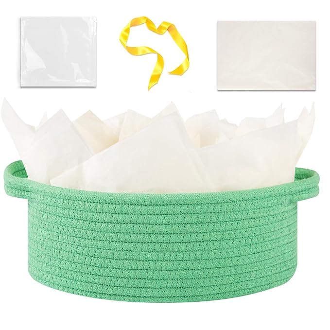OIAHOMY Gift Basket with Handle, Small Woven Basket with Gift Bag, Ribbon and Wrap Tissue Paper, Nursery Bins Empty to Fill with Small Items, Baby, Pet Toy Organizer - Green