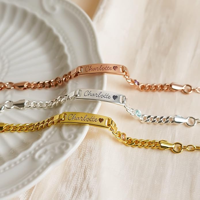 PUREFLY - Personalized Baby Name Bracelets with Birthstone, 18k Gold Plated, Adjustable Length, Double-Sided Customisable, with Gift Wrap
