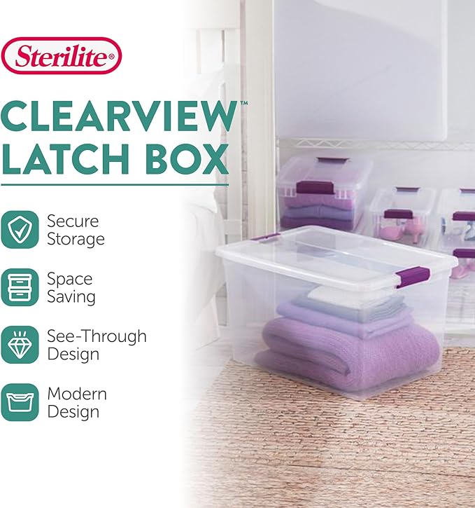 Sterilite 66 Qt ClearView Latch Storage Box, Stackable Bin with Latching Lid, Plastic Container to Organize Clothes in Closet, Clear Base, Lid, 6-Pack