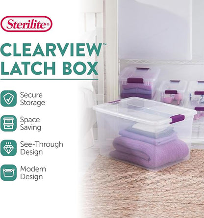 Sterilite 66 Qt ClearView Latch Storage Box, Stackable Bin with Latching Lid, Plastic Container to Organize Clothes in Closet, Clear Base, Lid, 6-Pack