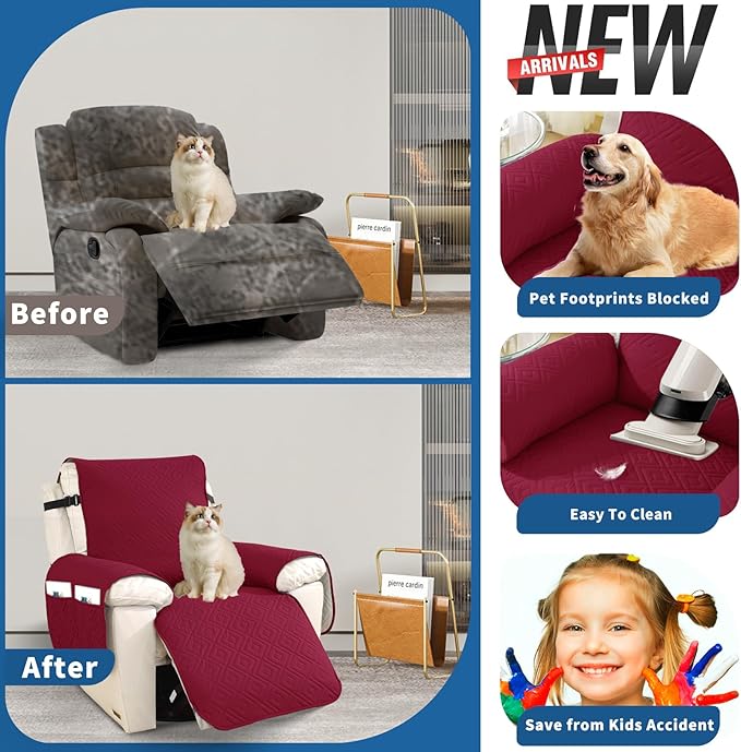 XINEAGE 100% Waterproof Recliner Cover, Non Slip Recliner Chair Cover with Elastic Band, Washable Recliner Slipcover with Storage Pockets for Kids, Pets (Wine Red, 30")