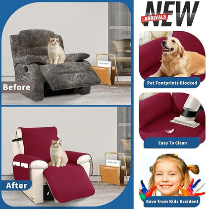 XINEAGE 100% Waterproof Recliner Cover, Non Slip Recliner Chair Cover with Elastic Band, Washable Recliner Slipcover with Storage Pockets for Kids, Pets (Wine Red, 30")