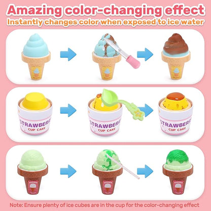 CUTE STONE Color Changing Ice Cream Play Set, Tea Party Set for Little Girls with Toy Ice Cream, Play Desserts, Play Food and Accessories，Kids Kitchen Pretend Play for Girls Boys