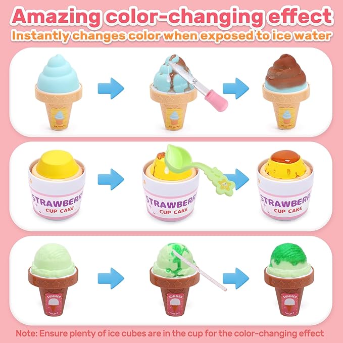 CUTE STONE Color Changing Ice Cream Play Set, Tea Party Set for Little Girls with Toy Ice Cream, Play Desserts, Play Food and Accessories，Kids Kitchen Pretend Play for Girls Boys