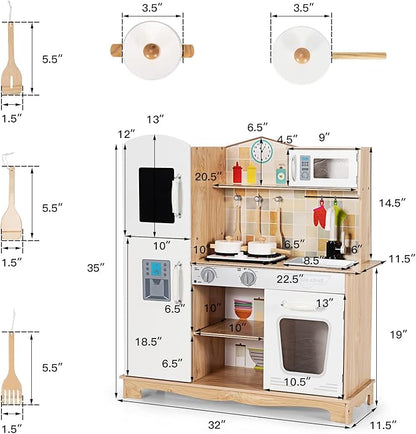 KOTEK Play Kitchen, Wooden Toddler Kitchen Playset w/Light and Sound/Blackboard/Microwave/Ice Maker/Oven/Stove/Faucet, Chef Pretend Play Toy, Kitchen Set for Kids, Gift for Girls Boys Age 3+(Natural)