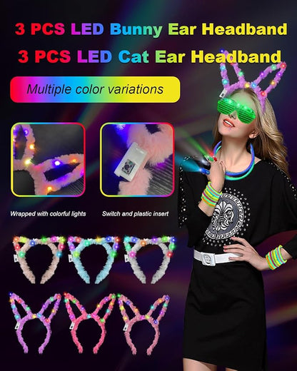 Glow in the Dark Party Supplies for Kids Adults, Glow Party Favors, Light Up Toys 100 Glow Sticks Bulk Party Pack, Bracelets LED Glasses Finger Lights Headband for Wedding Birthday New Year Halloween