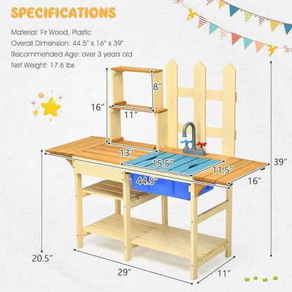 HONEY JOY Kids Mud Kitchen Playset, Indoor Outdoor Wooden Pretend Play Toy Kitchen with Removable Sink, Simulated Faucet, Mud Kitchen for Kids Outdoor, Gift for Boys Girls 3+