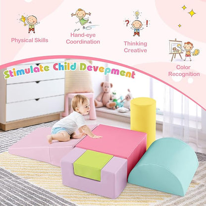 HONEY JOY 6-Piece Climb and Crawl Playset, Soft Climbing Foam Block Activity Play Structure Gym Equipment for Infant Baby, Color Coordination, Waterproof Indoor Climbing Toys for Toddlers (Red)