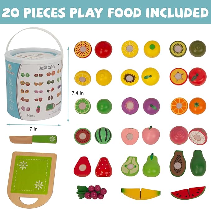 Wooden Play Food for Kids Kitchen, 38PCS Cutting Fruits Toys for Toddlers Pretend Vegetables Gift for Boys Girls Educational Toys (Fruit Bucket)
