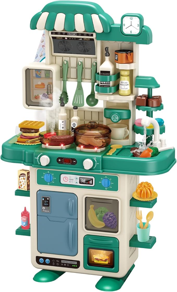 Deejoy Kitchen Playset,48Pcs for Boys and Girls, Kitchen Toys with Realistic Lights&Sounds, Simulation of Spray and Play Sink, Pretend Play Food with Toddler