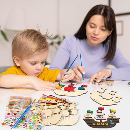 Fennoral 10 Pack Wind Chime Kit for Kids Make Your Own Pirates Ship Wind Chime Wooden Arts and Crafts for Girls Boys Ornaments DIY Coloring Ship for Art Activity Birthday Spring Party Decoration