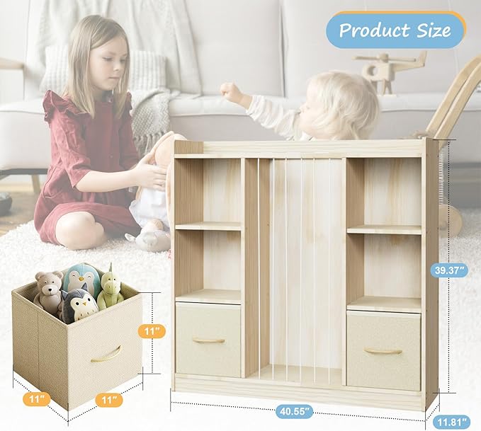 EXPERLAM Toy Storage Organizer with Stuffed Animal Storage, Wooden Toy Organizer & Stuffed Animal Zoo, 6 Cubes Shelf with Removable Drawers, 4 -in-1 Book Shelf for Kids Room, Playroom, Nursery