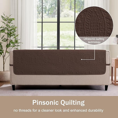 Quilted Sofa Slipcovers with Pockets, Medallion Designed Anti-Slip Couch Covers for 3 Cushion Sofa, Couch Cover for Dogs Cats Water-Repellent Machine Washable (Large Sofa 68", Chocolate)