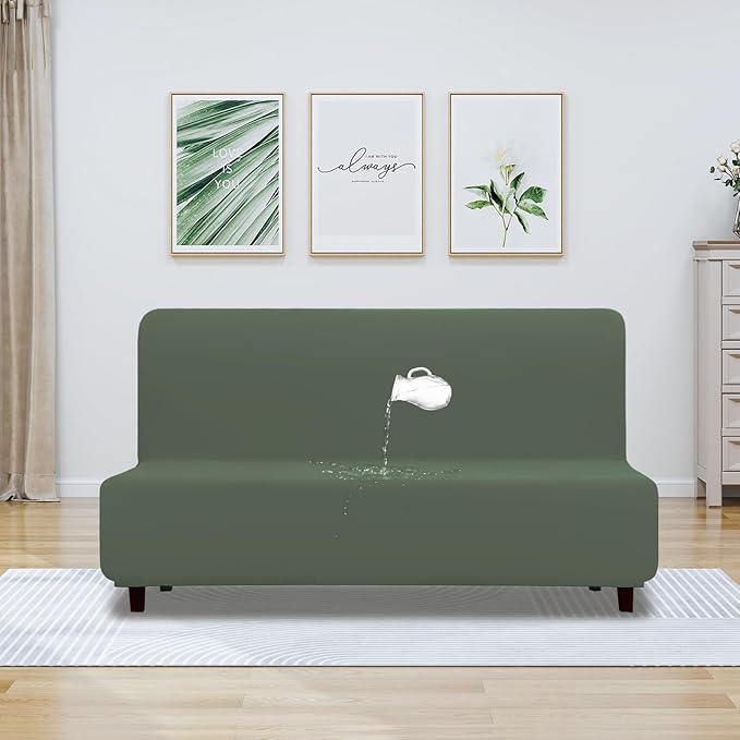 PureFit 100% Dual Waterproof Futon Cover, Waterproof Couch Cover for Futon - Stretch Non Slip Fleece Sofa Covers Washable, Leakproof Furniture Protector for Kids, Pets, Dog (Futon, Grayish Green)