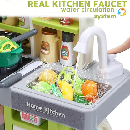 Kids Kitchen Playset, Pretend Kitchen Toys for Toddlers with 63 Pcs Toy Kitchen Accessories, Realistic Lights & Sounds, Spray, Play Sink, and Play Food - Kitchen Set for Girls Boys Aged 3 4 5+ (Green)