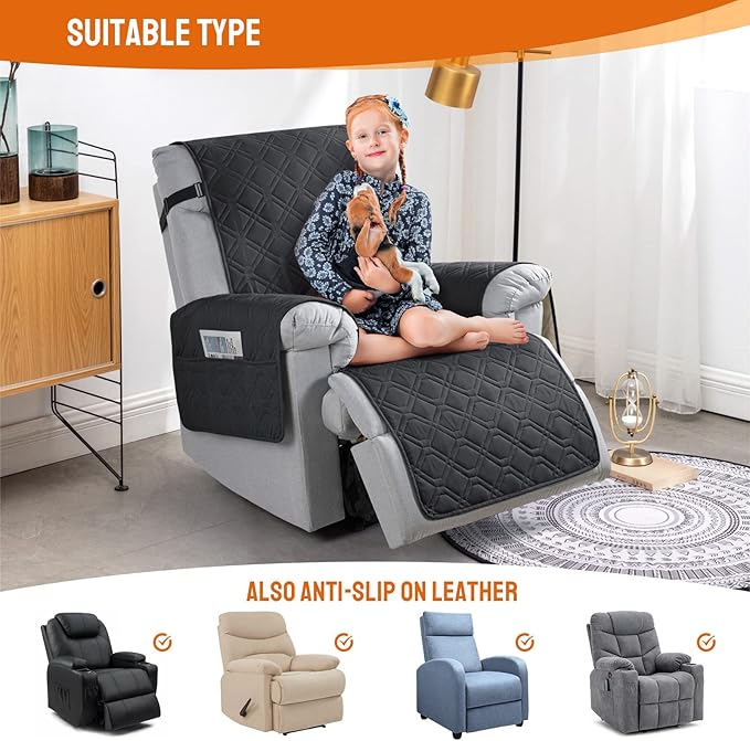 VANSOFY 100% Waterproof Recliner Chair Covers, Recliner Cover Non-Slip Dog Chair Cover Furniture Protector Washable Slipcover with Pocket, Elastic Straps for Pets, Dogs(Black, 28")