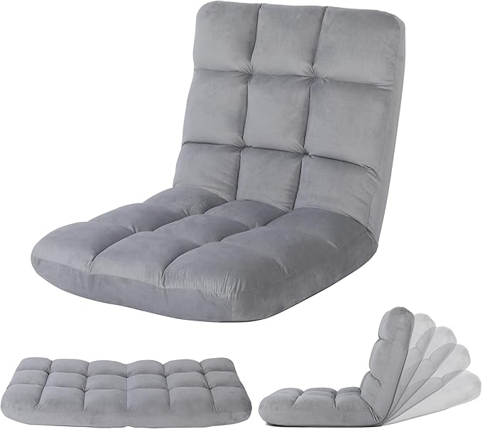 YSSOA Folding Floor Chair with Back Support Convertible Comfy Chair Game Memory Foam Padded Sleeper Recliner Sofa Chair for Bedroom Gaming Working Meditation Reading Adults Kids Grey