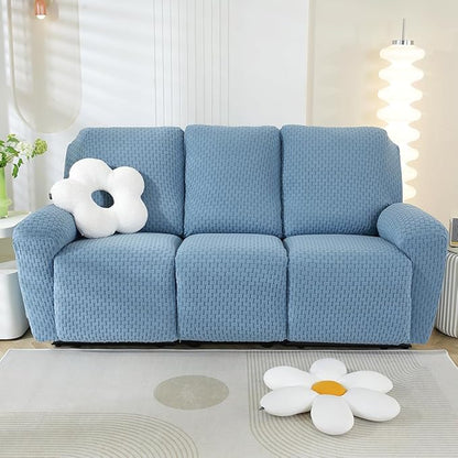 vctops 8 Pieces Jacquard Plush Recliner Sofa Covers Stretch Soft 3 Seats Couch Cover Anti-Slip Solid Color Sofa Slipcover Furniture Protector with Elastic Bottom for Kids Pet (Lake Blue,3 Seat)