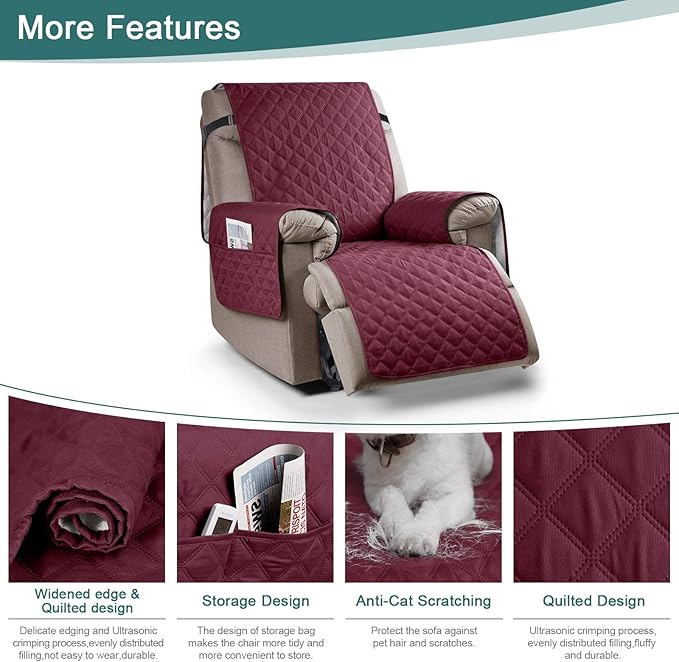 Ruaozz 100% Waterproof Recliner Chair Cover Non-Slip Reclining Cover for Recliner Chair Washable Chair Seat Cover with Elastic Straps for Kids, Dogs, Pets (Wine, 23'')