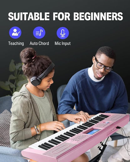 Donner 61 Key Keyboard Piano, Electric Piano Keyboard Kit with 249 Voices, 249 Rhythms - Includes Piano Stand, Stool, Microphone, Gift for Beginners, Pink (DEK-610S)
