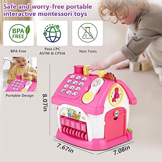Montessori 8-in-1 Bilingual Musical Activity House | EN/ES Learning Toy with Volume Control & Travel Handle | Develops Fine Motor Skills for 1-3 Year Old Toddlers & First Birthday Gift